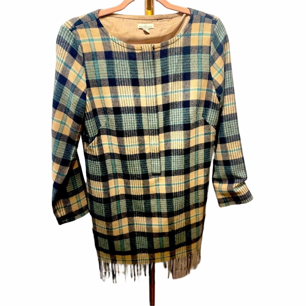 L.L. BEAN SIGNATURE FRINGE LINED TUNIC PLAID DRESS SABLE size 4 WOOL BLEND